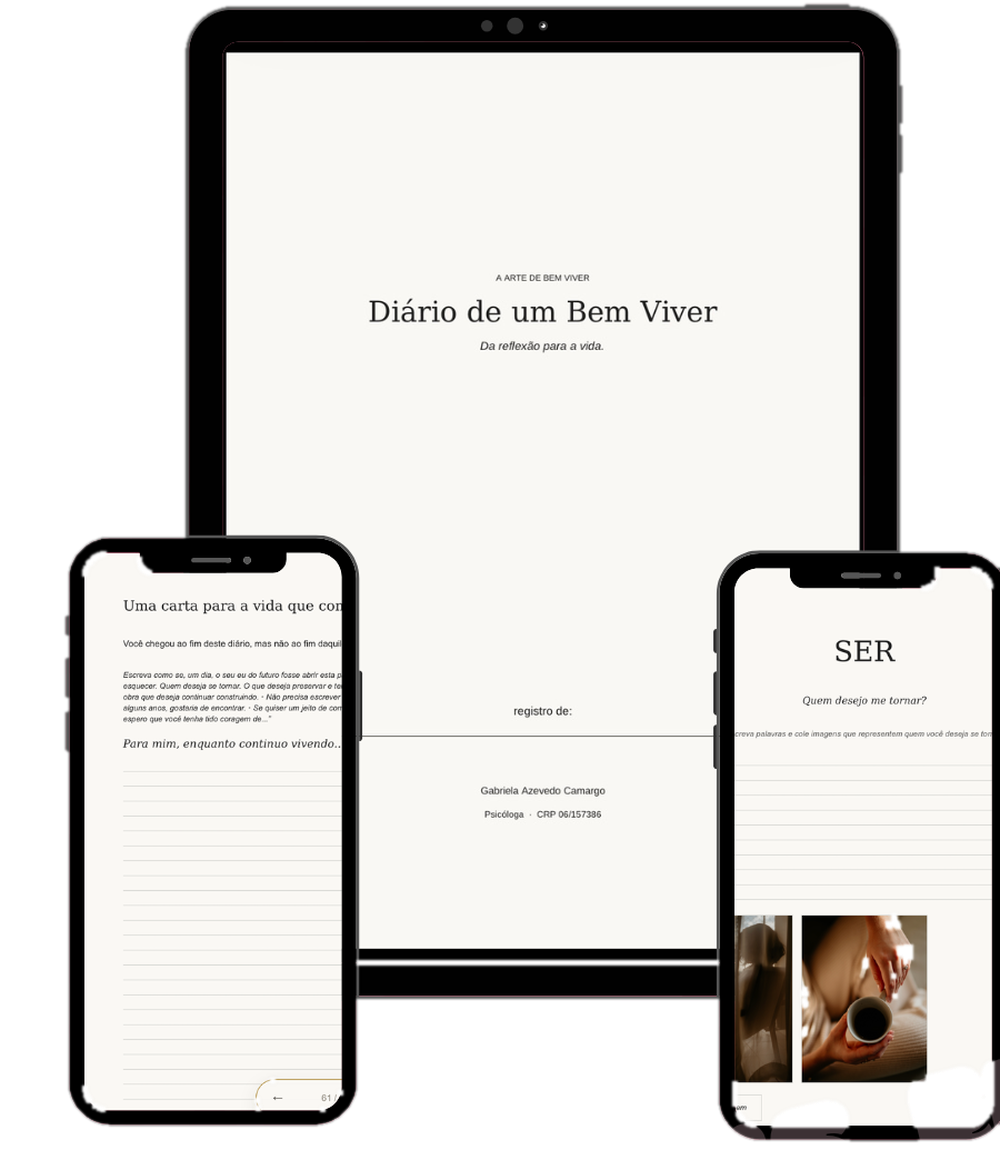 Composição com tablet e celulares exibindo páginas do Diário de um Bem Viver
